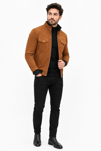 Men tan suede leather jacket - suede,