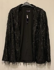 Marks & Spencer Realxed Tassel Sequin Single Breasted Blazer Jacket 14 Black M&S