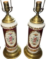 Set Of 2 Vintage American Beauti Boudoir Lamp PURPLE Pink Floral Gold Trim 17.5”