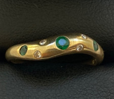 14CT GOLD EMERALD AND DIAMOND RING - SIZE O - HANDMADE BRUSHED TEXTURE