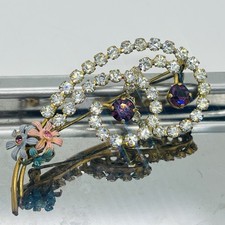 Vintage 1950s Purple and Clear Rhinestone Large Swirl Bouquet Posy Floral Brooch