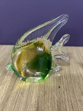 Art glass Angel fish hand blown paperweight clear with Yellow & green 4.5”