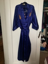 Deep Blue Dragon Embroidered Chinese Silk Satin Oriental Silk Robe Dressing Gown