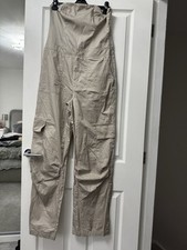 NEW ZARA Strapless Wide Leg Long Cargo Jumpsuit Beige Side Zip Size L