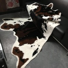 Faux Fur Cowhide Leather Area Rug Throw Tricolor Cow Hide Carpet Mat 3.6'X3.2'
