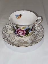 Crown Regent Teacup & Saucer Set Pink Rose Floral Gold Filigree Scalloped 22KT