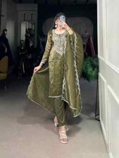 Wedding Wear Olive Green Gold Crush Salwar Kameez With Dupatta For Women & Girls
