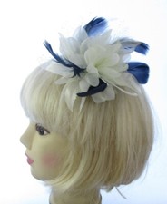 white and navy blue fascinator comb weddings,races prom
