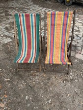 2 Vintage Wooden Adjustable Reclining Folding Deckchairs Beach Garden Chair