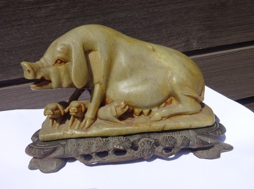 Carved soapstone pig wooden - carved, on