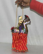 Vintage Hand Crafted Wooden Head & Cloth Mounted Horse Men Puppet Decorative Toy