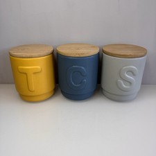 3 x Storage Jars Canisters Tea Coffee Sugar Set Dunelm White, Blue, Yellow