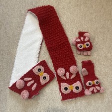 Girls Fat Face Pink & Cream Owl Scarf & Fingerless Mittens/Gloves Set