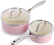 2Pcs Pink Ceramic Saucepan Set Non Stick 14cm 18cm With Lids Induction PFAS Free