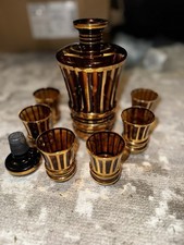 Vintage Amber Glass & Gold Stripe Decanter Set – 7-Piece Barware Set
