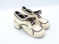 Vintage Ravel 1970s Platform Shoes Glam Rock Disco Heels Cream Brown Size 9