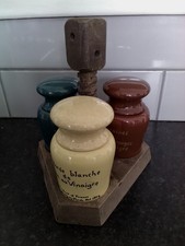 Vintage Wood and Ceramic 3-piece Condiment Set on Wooden Stand and 2 wood spoons