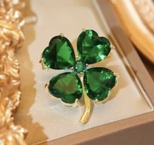 Lucky Four Leaf Clover Irish Shamrock Green Crystal Brooch Retro Emerald Heart