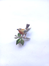 Vintage BJL Christmas Robin Bird Brooch Pin Enamel  Marcasite Silver Tone Metal
