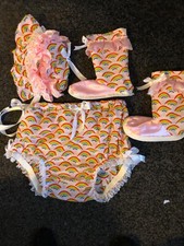 adult baby sissy BONETT , BOOTIES , PANTIES/DIAPER  PINK SATIN, RAINBOW CLOUDS