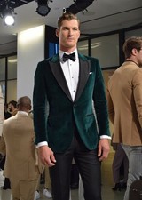 Green Men's Velvet Suit Peak Lapel Wedding Groom Tuxedo Dinner Prom Party Blazer
