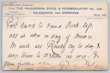 Halesowen Cycle & Perambulator Co. Advertising Postcard 1906 to Buckingham