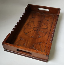 Hand made wooden tray with carved flower pattern & integral handles