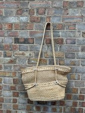 Vintage Straw Rattan Woven Shopping Bag with Original Liner Long handled