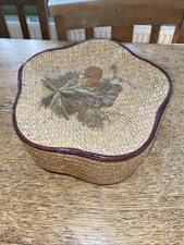 Vintage Raffia Sewing Storage Basket Woven Straw Work Box Flowers lined C1950’s