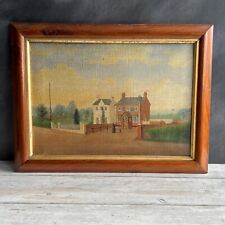 Antique Folk Art Painting Red Lion Village Inn Lady and Dog Circa 1880