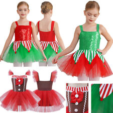 Kids Girls Christmas Elf Costume Shiny Tutu Dress Sleeveless Ice Skating Holiday