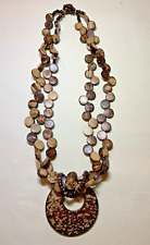 DOUBLE STRAND WOODEN DISC BEAD NECKLACE WITH A WOODEN RING PENDANT