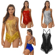 Women's Girl Shiny Sequins Leotard One Piece Tassel Bodysuit Latin Jazz Dance UK