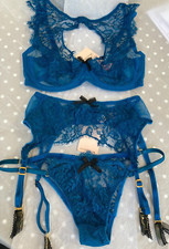 Agent Provocateur 32DD bra briefs suspender CASSIA teal lace keyhole front SET