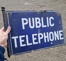Rare PUBLIC TELEPHONE Enamel Sign Double Sided 1920s Vintage Automobilia Railway