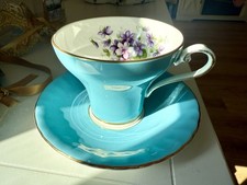 Aynsley Turquoise Blue Fine Bone China Tea Cup Saucer Set with Gold Trim VGC