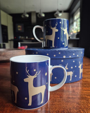 JOHN LEWIS Xmas Blue & Gold Reindeer Coffee/Tea Mug x 2 in Oval Cardboard Box