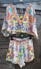River Island Bright Floral Embroidered Kimono Blouse & Shorts Set M - 12 14 READ
