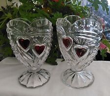 Bud/posy vases x 2, clear glass, footed, heart-shaped with red hearts decor
