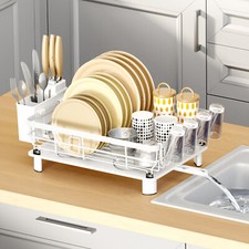 Kitchen Dish Drainer Plate Drying Rack with Drip Tray Cup Cutlery Utensil Holder