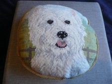 WHITE -SCOTTY DOG -TAPESTRY-NEEDLEPOINT - ROUND CUSHION -