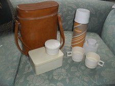 vintage retro 1960's x 2 travel picnic set in leather shoulder carry case+ strap