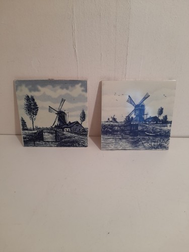 Dutch delph tiles - x2, windmill