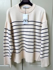 New Zara Womens Cream Black Striped Breton Knit Jumper Sweatshirt - Size S 8-10