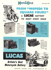 1958 Advert for LUCAS Motor Cycle Batteries "From Mopeds to Square 4s" Print Ad
