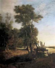 John Crome A4 Photo woodland with a river and barges with sails