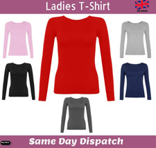 LADIES PLAIN TSHIRT WOMANS LONG SLEEVE SCOOP NECK CASUAL COTTON FITTED UK 8-22
