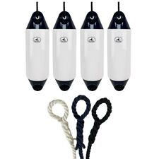 4 x HURRICANE Boat Fenders: White/Blue Ends PM02 - FREE SPLICED END 10MM ROPE
