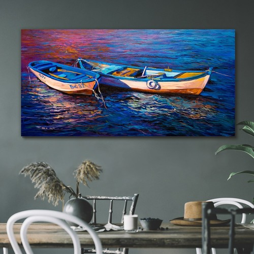 Painting boats sea water waves - water,