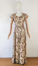 1940s Floral Cream Brown Satin